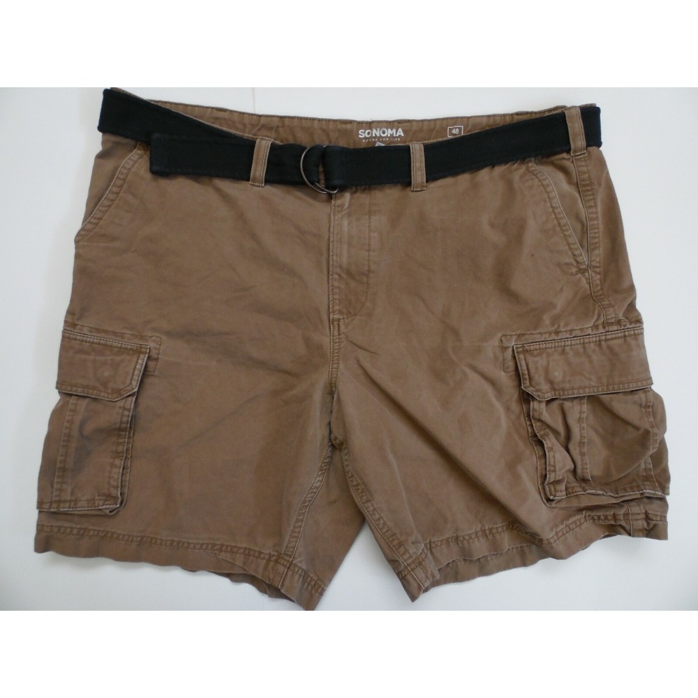 Sonoma Mens Khaki Beige Solid Relaxed Fit Flat Front Cargo Shorts Size 48